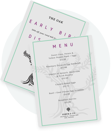 Elegant brunch restaurant menu design with early bird discount and minimalist green border layout
