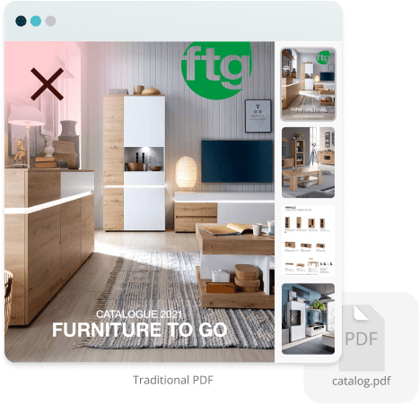 Traditional static PDF furniture catalog with a red X icon — illustrating how old-fashioned PDFs lac