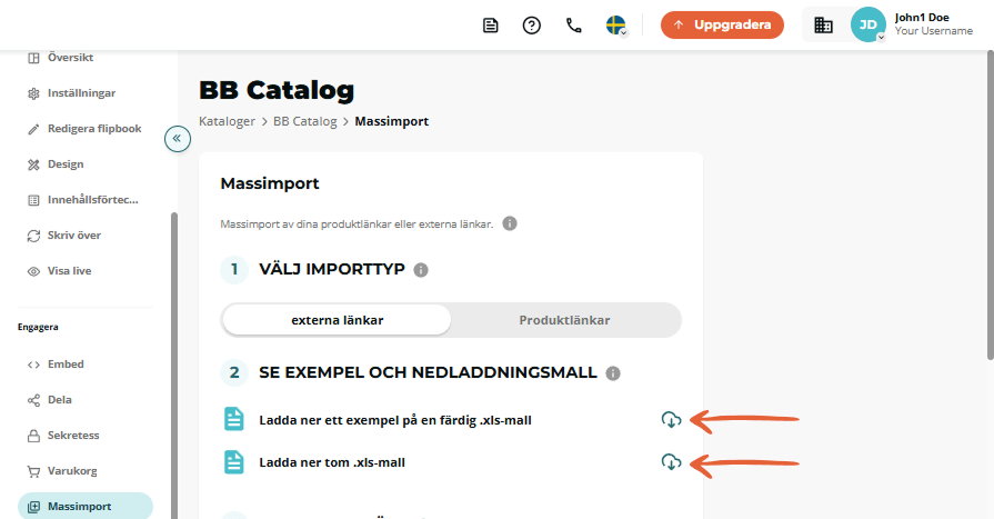 Massimport steg 2 markerar ikoner för nedladdning av exempel- och tomma .xls-mallar. Massimport steg 2 markerar ikoner för nedladdning av exempel- och tomma .xls-mallar.