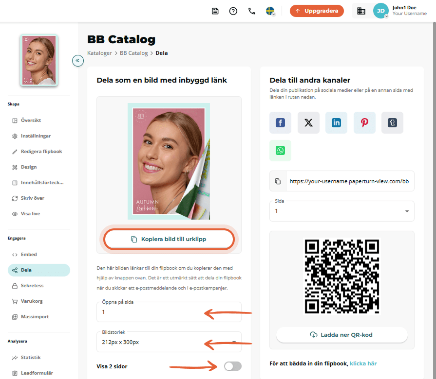 Share-flik som lyfter fram knappen ”Kopiera bild till urklipp” med sid- och storleksalternativ nedan Share-flik som lyfter fram knappen ”Kopiera bild till urklipp” med sid- och storleksalternativ nedan