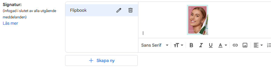 Gmail-signaturredigerare som visar flipbook-omslagsbilden infogad i signaturen. Gmail-signaturredigerare som visar flipbook-omslagsbilden infogad i signaturen.