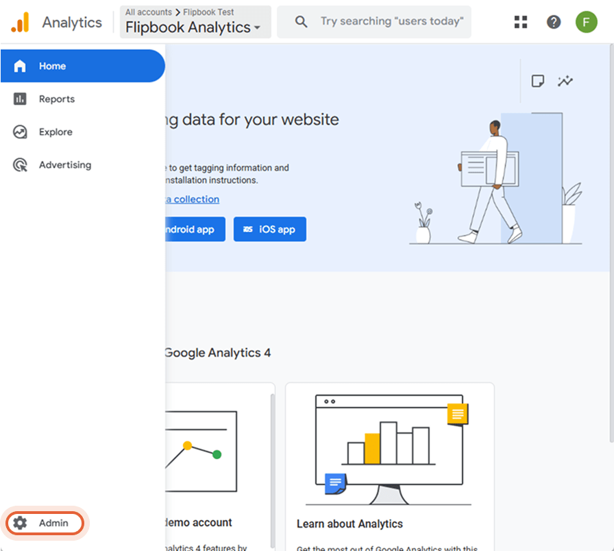 Google Analytics adminområde med skapande och inställningar av egendomar synliga.