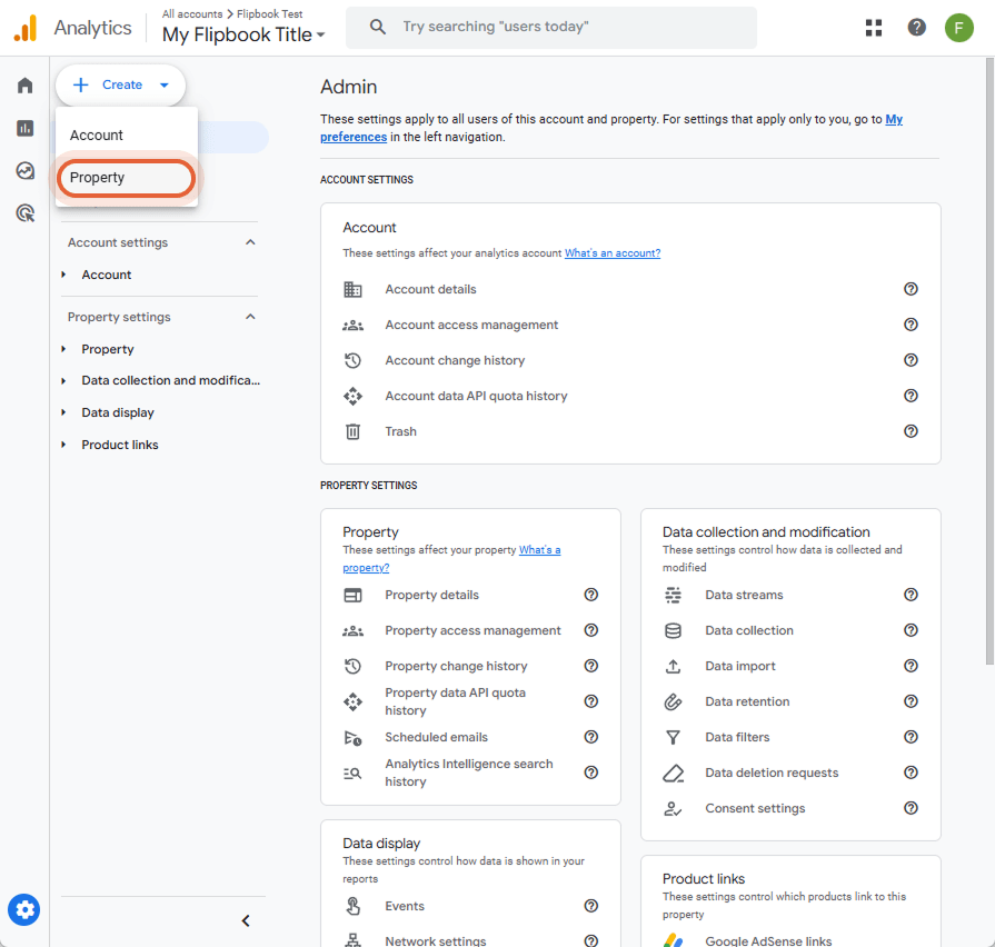 Admin-avsnittet som visar fullständiga egenskapsinställningar och alternativ för datainsamling i GA4