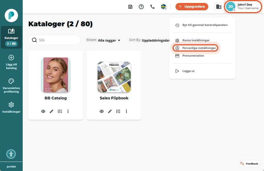 Översikt över flipbooks med profilmenyn öppen där alternativet Personliga inställningar i rullgardin