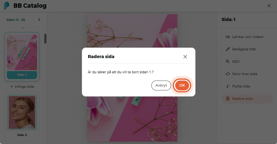 Användaren bekräftar att sida 1 med produktbild tas bort