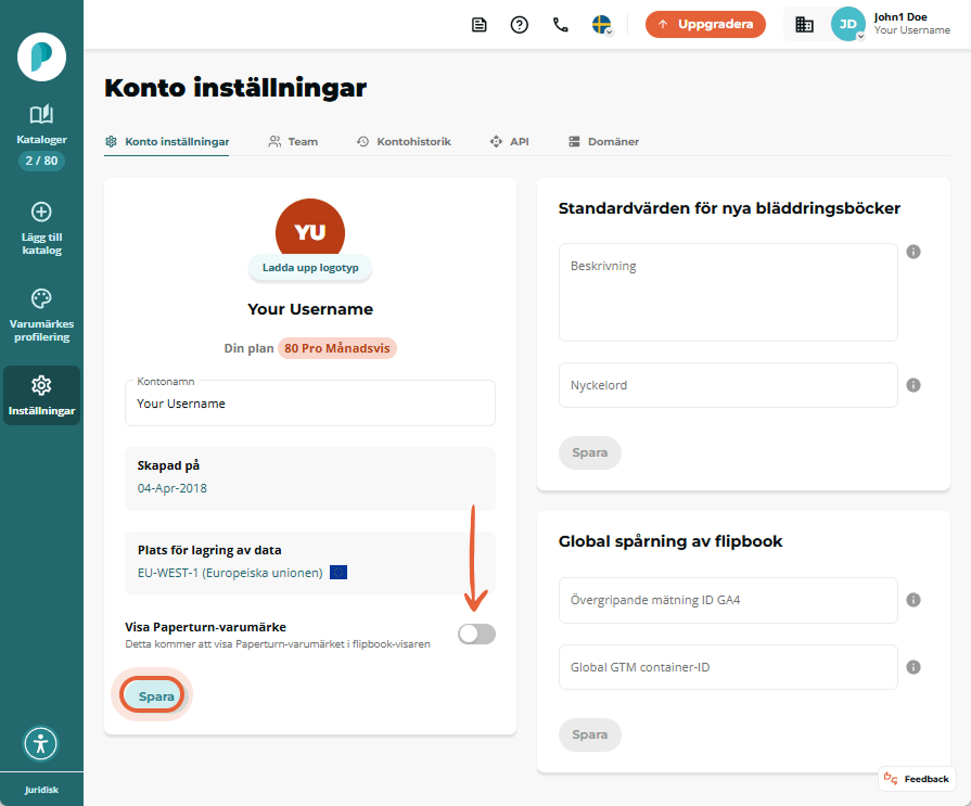 På sidan för kontoinställningar inaktiverar användaren På sidan för kontoinställningar inaktiverar användaren