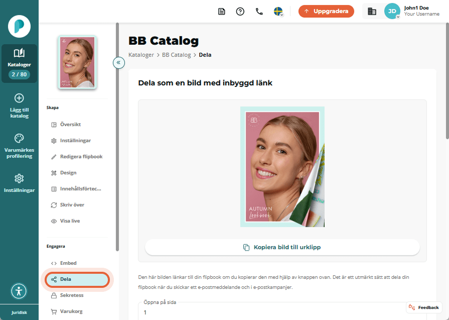 Inställningar för delning av BB Catalog med förhandsvisning av bild och kopiera till urklipp.