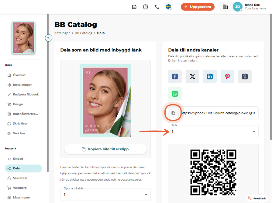 Skärm för bilddelning med QR-kod och knapp 