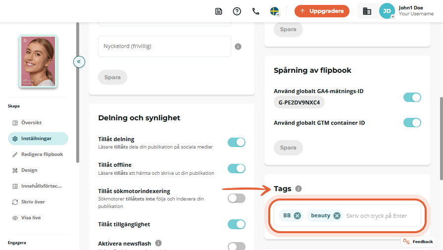 Inställningar för delning och synlighet expanderade, visar aktiverad Newsflash-växlare med olika anp Inställningar för delning och synlighet expanderade, visar aktiverad Newsflash-växlare med olika anp