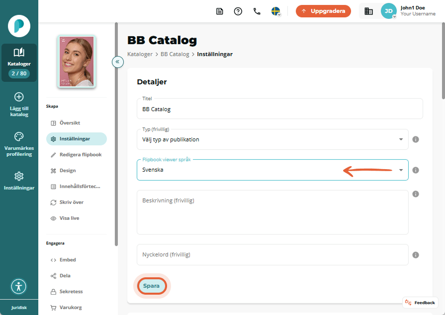 BB Catalogs inställningssida visar rullgardinspilen ”Flipbook viewer language” och den markerade kna BB Catalogs inställningssida visar rullgardinspilen ”Flipbook viewer language” och den markerade kna