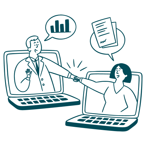 Illustration of two business professionals shaking hands through laptop screens representing digital